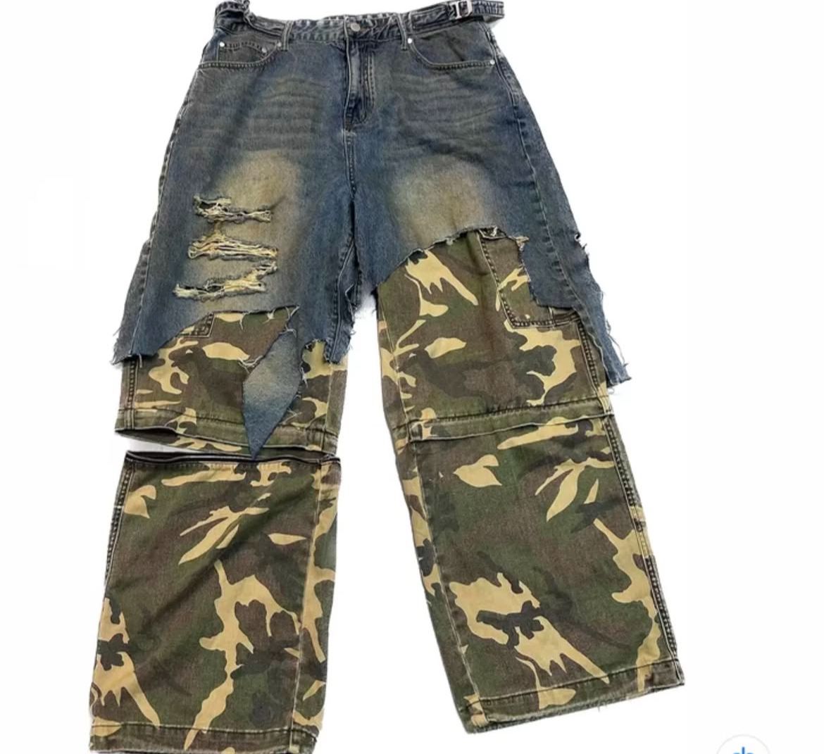 KLICKCLAK Washed Ripped Two-Piece Detachable Camouflage Pants