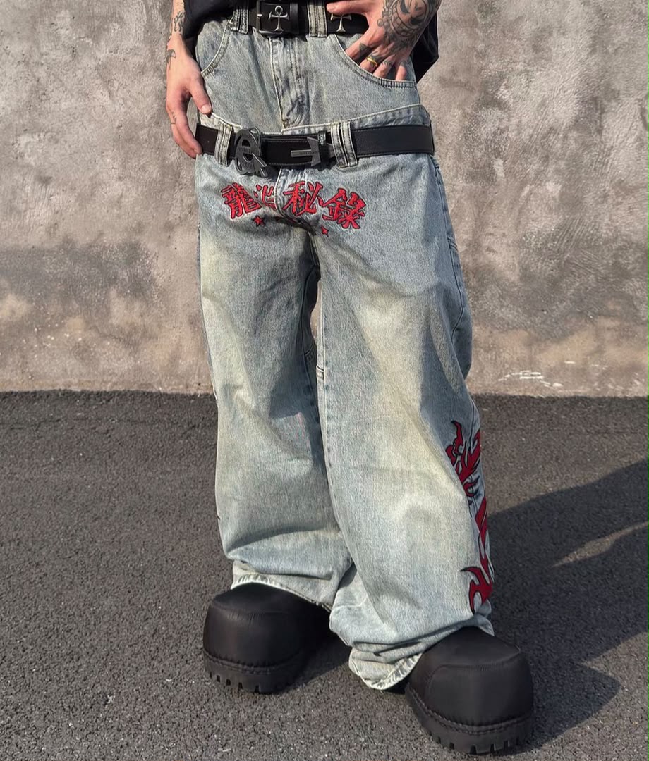 Cyber-Punk Double Waistband Layered Dragon Jeans 2