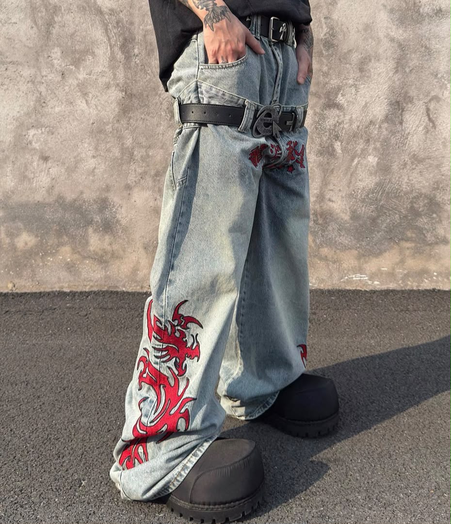 Cyber-Punk Double Waistband Layered Dragon Jeans