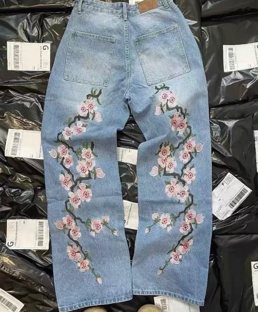 Sakura Branch Embroidered Wide-Leg Jeans