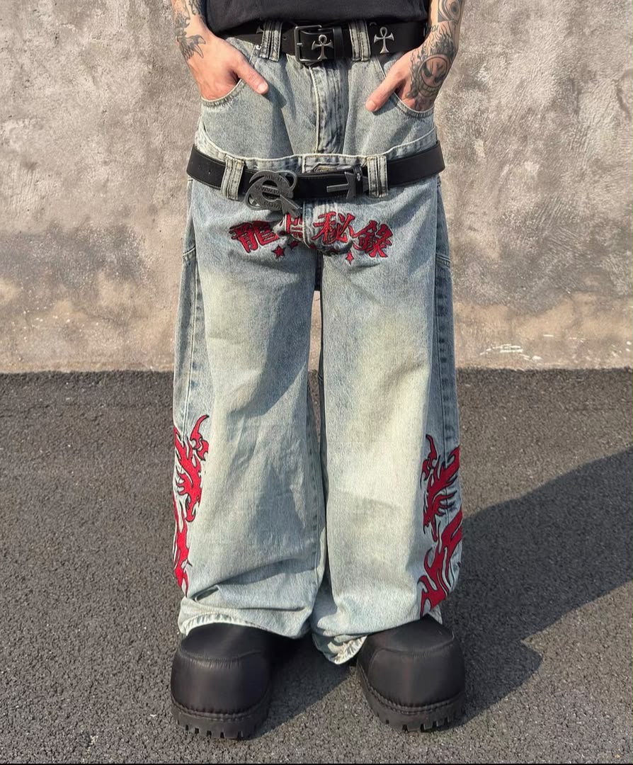 Cyber-Punk Double Waistband Layered Dragon Jeans