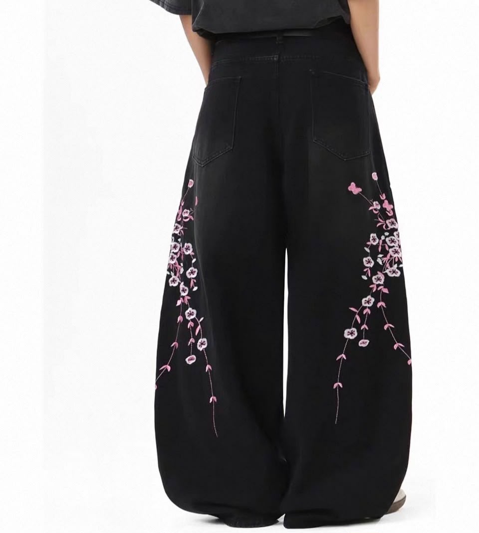 Sakura Embroidered Wide-Leg Denim Jeans 2