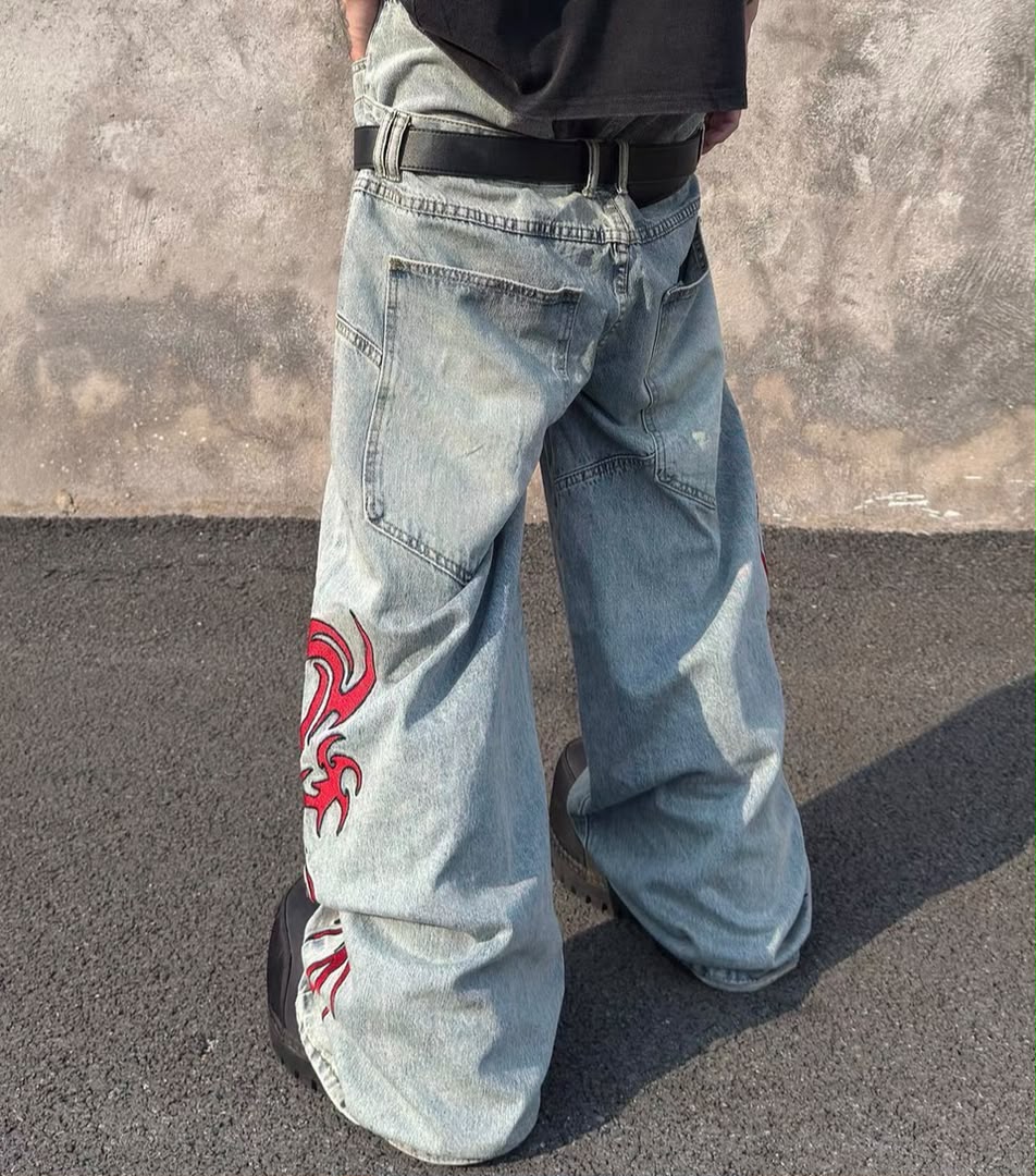 Cyber-Punk Double Waistband Layered Dragon Jeans 3
