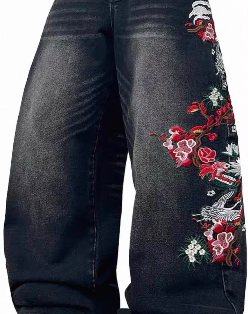 Sakura Embroidered Wide-Leg Denim Jeans 5