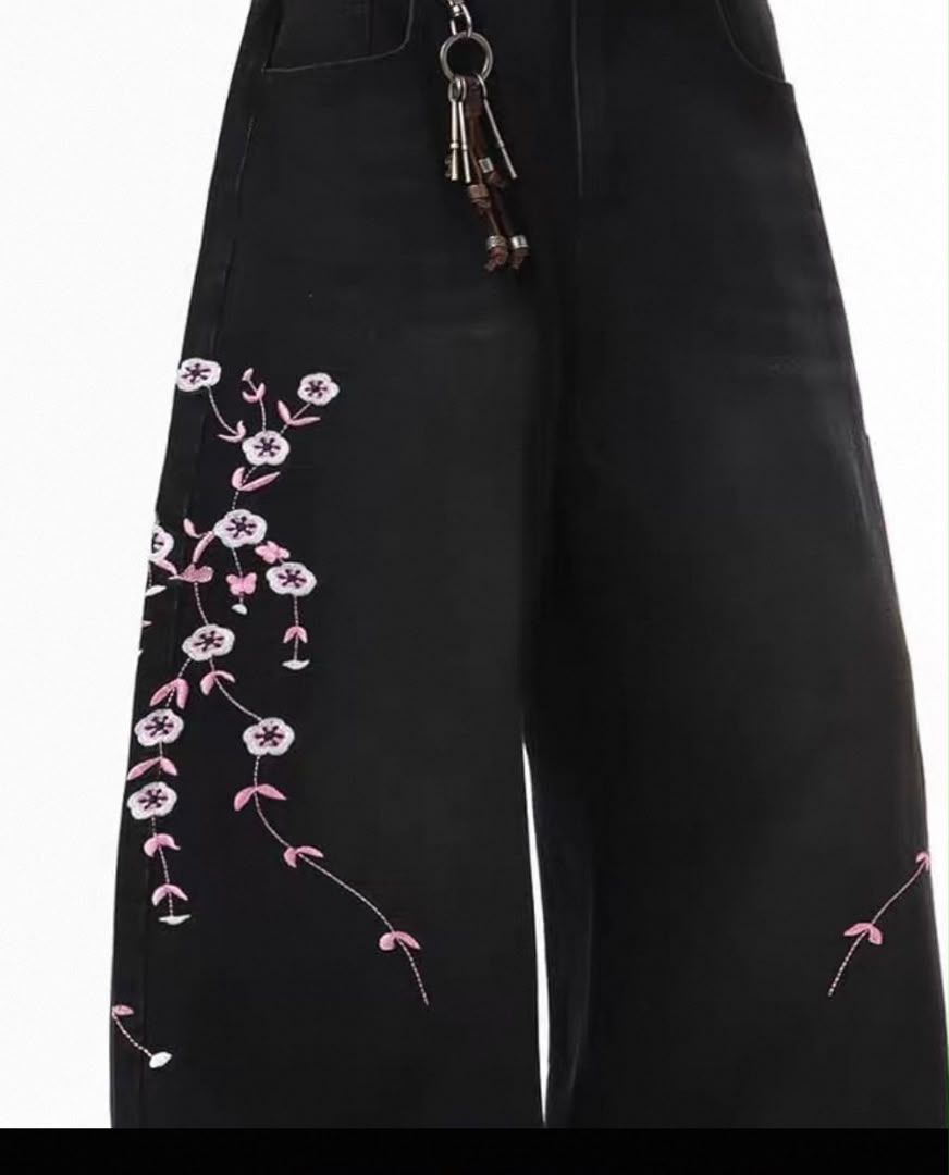 Sakura Embroidered Wide-Leg Denim Jeans 3